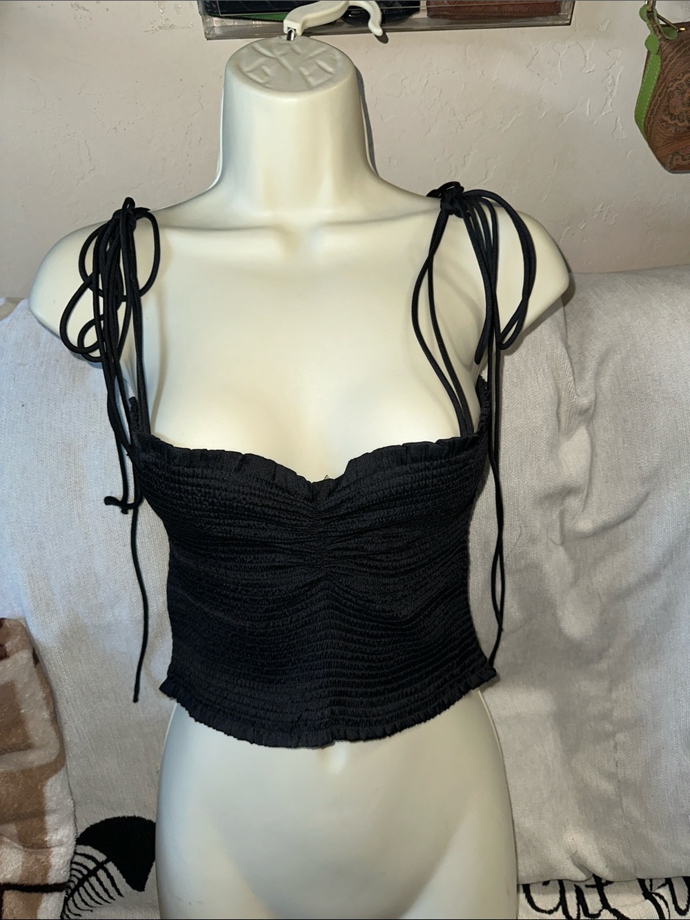 Reset by Jane medium Black Smocked Tie-Shoulder Crop Top New